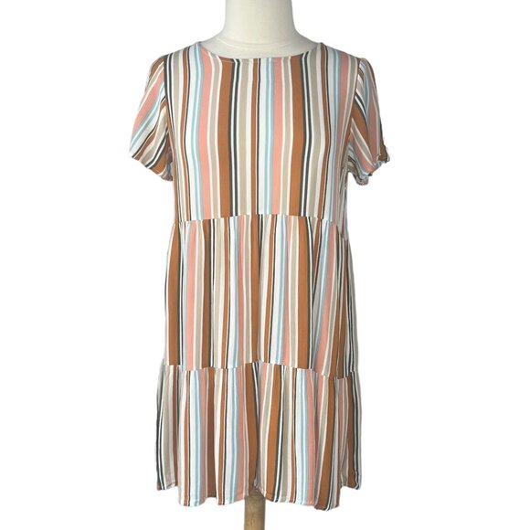 Forever 21 Dress Size Small Orange Cream Tiered Striped Short Sleeves - Picture 1 of 7